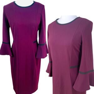Calvin Klein Size 12 Piped Bell-Sleeve Sheath Dress Plum Burgundy Career Event